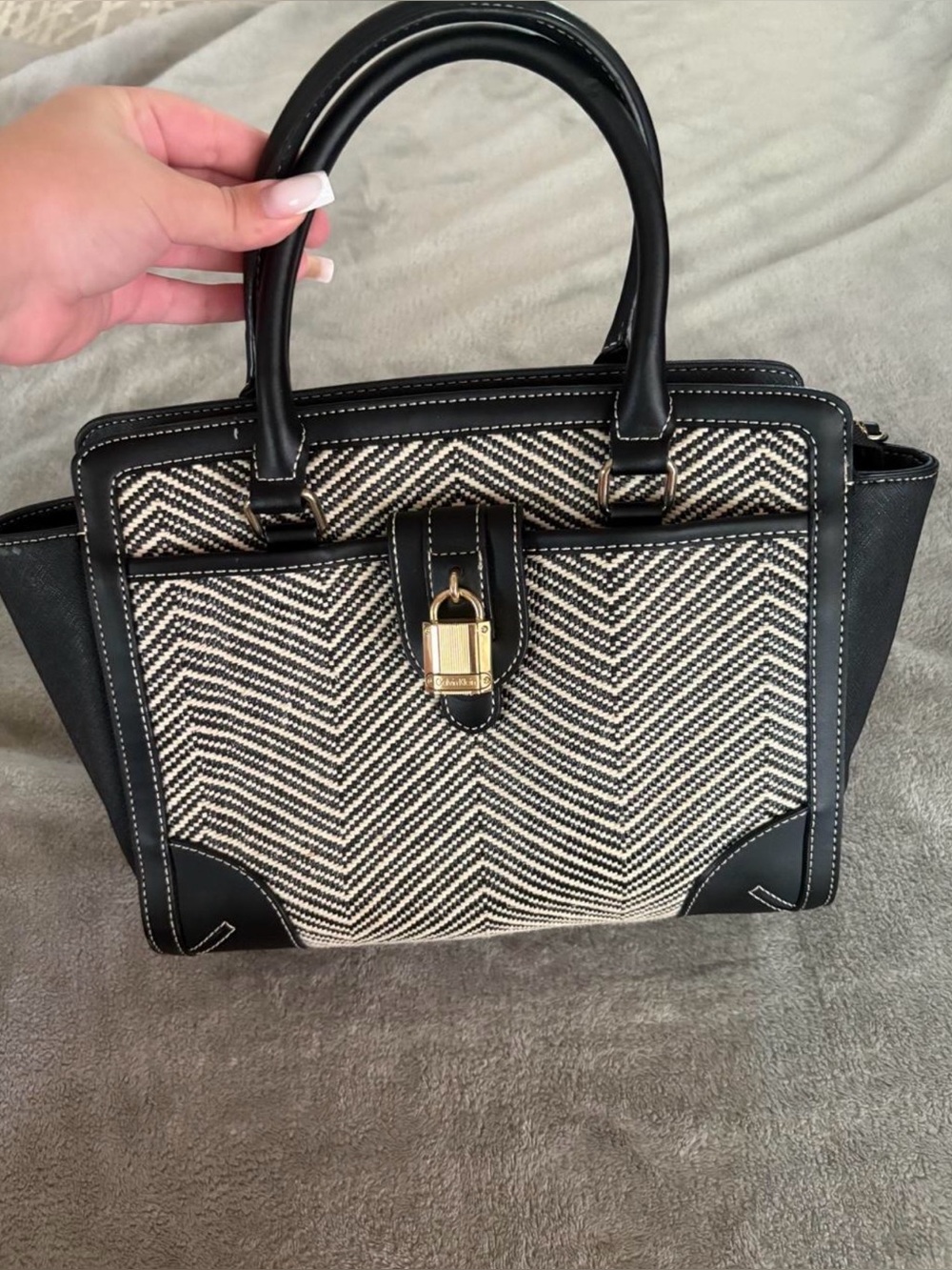 Calvin Klein Black & Cream Chevron Tote with Gold Accent